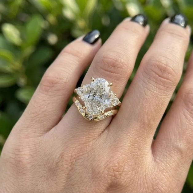 3 CT Oval Cut E VVS2/VS1 Lab Grown Diamond Bridal Set IGI Certified | Pear Side Stone Engagement Ring Set | Unique Two Ring Set