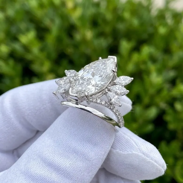 3CT Marquise Cut E VVS2/VS1 Lab Grown Diamond Engagement Ring Set, Asymmetrical Cluster Wedding Band, Gold Unique Bridal Set, IGI Certified
