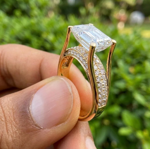 Emerald Cut E VVS2/VS1 Lab Grown Diamond Engagement Ring, 2ct - 4ct IGI Certified Lab Diamond, Floating Solitaire Pave Band