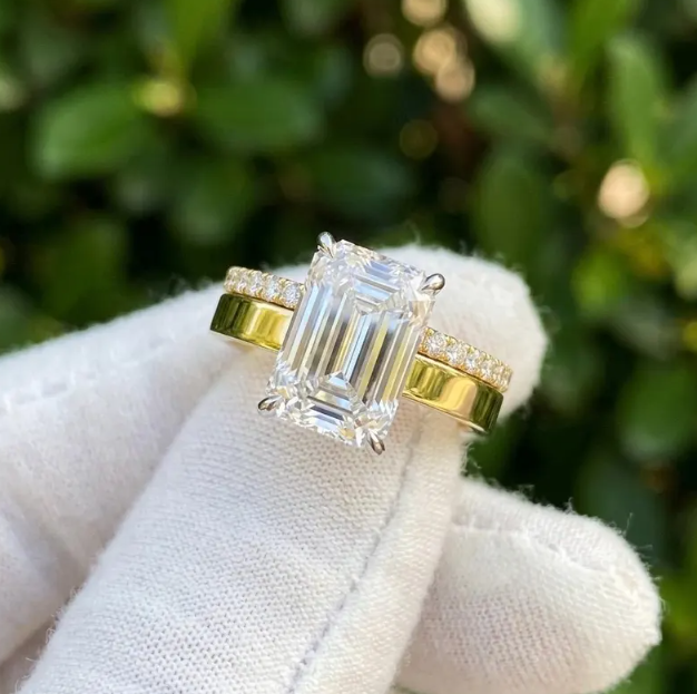 3CT Emerald Cut E VVS2/VS1 LabGrown Diamond Ring Set IGI Certified | Two Ring Bridal Set | Engagement Ring Set | Minimalist Wedding Stack