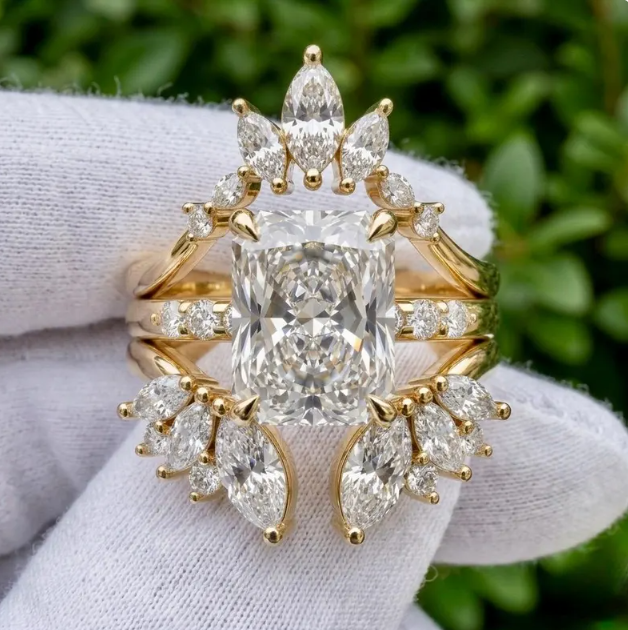 3 Ring Radiant Cut E VVS2/VS1 LabGrown Diamond Bridal Set | IGI Certified 3CT Radiant Engagement Ring Set | Crown Marquise Wedding Band