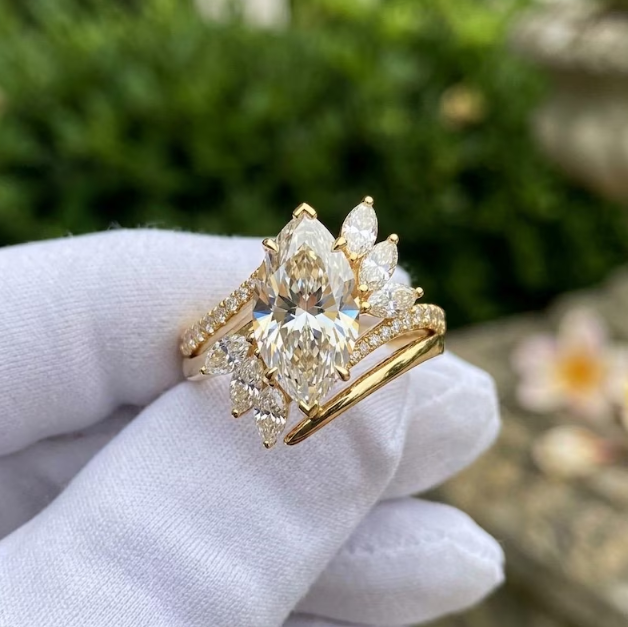 3CT Marquise Cut E VVS2/VS1 Lab Grown Diamond Engagement Ring Set, Asymmetrical Cluster Wedding Band, Gold Unique Bridal Set, IGI Certified