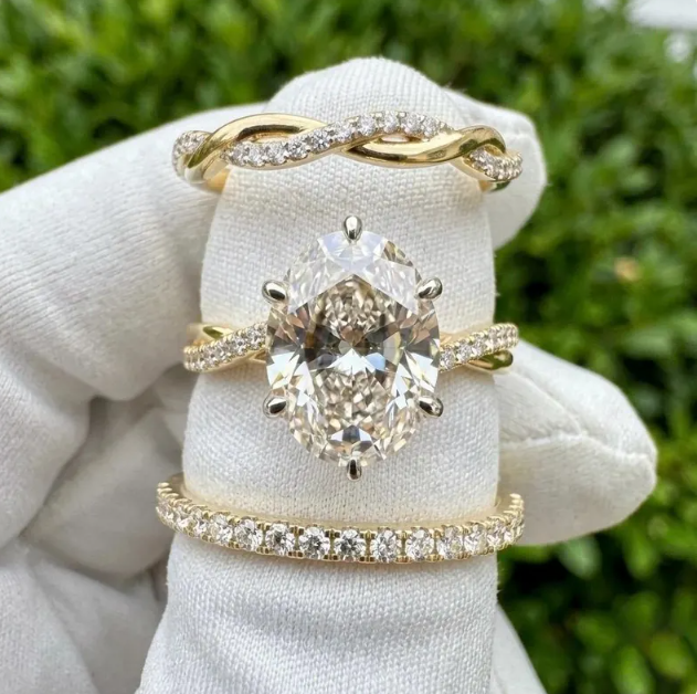 3 Ring Bridal Set with 3 CT Oval E VVS2/VS1 IGI Certified Lab Grown Diamond | Gold Twisted Engagement Ring with Matching Wedding Bands