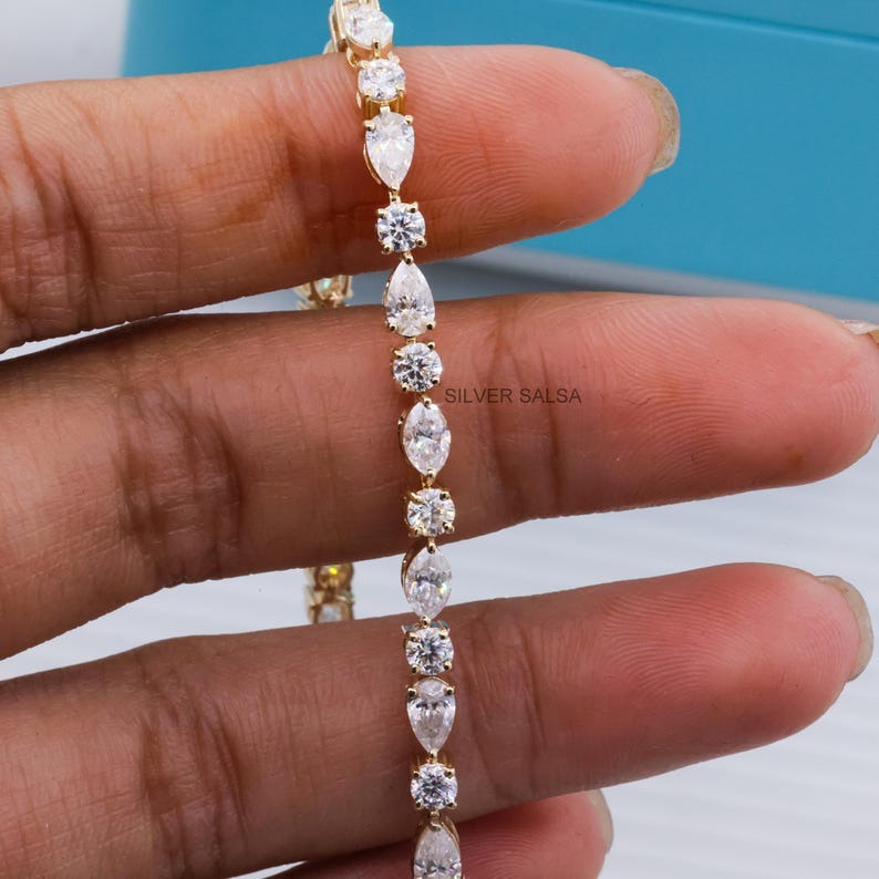 Multi Shape Diamond Moissanite Tennis Bracelet Round East West Marquise & Pear Diamond Bracelet Solid Gold Perfect Anniversary Gift For Her