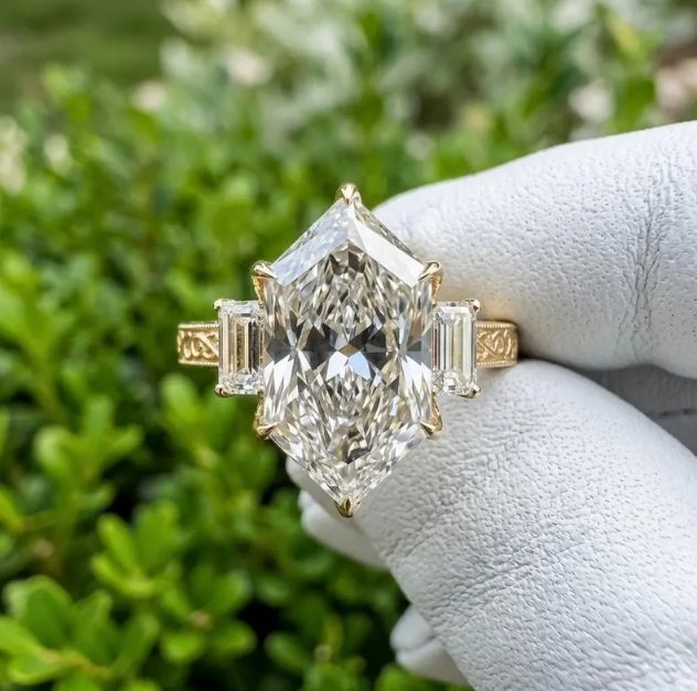4 CT Dutch Marquise Cut Lab Grown Diamond Ring IGI Certified | Three Stone Engagement Ring with 1.50 CT Lab Grown Emerald Cut Side Diamonds