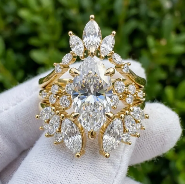 3 Ring E VVS2/VS1 Marquise Diamond Bridal Set | 2CT-3CT-4CT IGI Certified Marquise Lab Grown Diamond Ring Set | Matching Wedding Band Set
