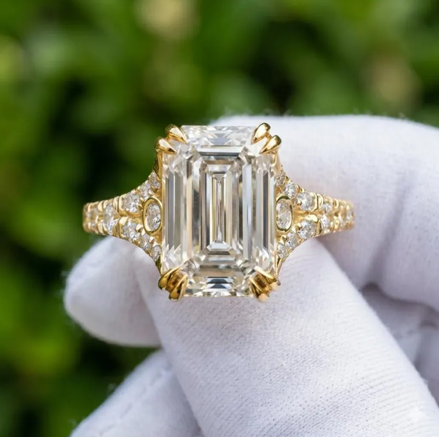 E VVS2/VS1 IGI Certified Emerald Cut LabGrown Diamond Engagement Ring | 1CT to 4CT Emerald Diamond Ring | Vintage Inspired Pave Diamond Ring