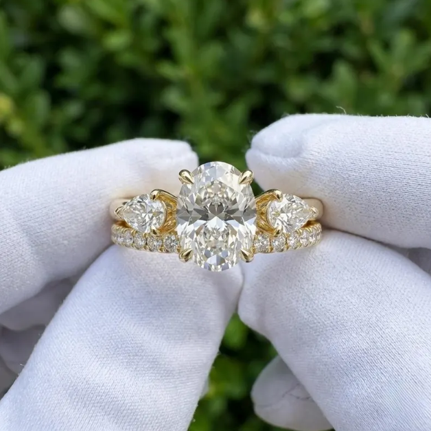 E VVS2/VS1 IGI Certified Oval Cut 2CT/3CT/4CT Lab Grown Diamond Bridal Set | 2 Ring Matching Set | Pear & Round Diamond Wedding Band