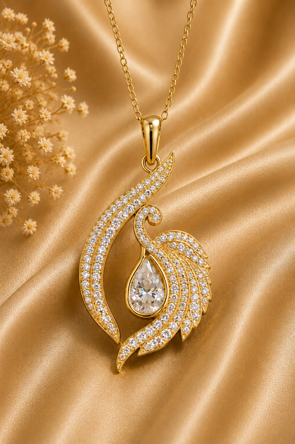 Pear Cut Diamond Swan Pendant Necklace | 18K Yellow Gold Elegant Jewelry