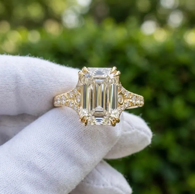 E VVS2/VS1 IGI Certified Emerald Cut LabGrown Diamond Engagement Ring | 1CT to 4CT Emerald Diamond Ring | Vintage Inspired Pave Diamond Ring