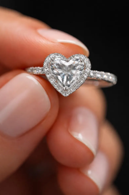 3CT Heart Shape Moissanite Diamond Engagement Ring, Halo Heart Diamond Ring, Romantic Proposal Ring, White Gold Promise Ring