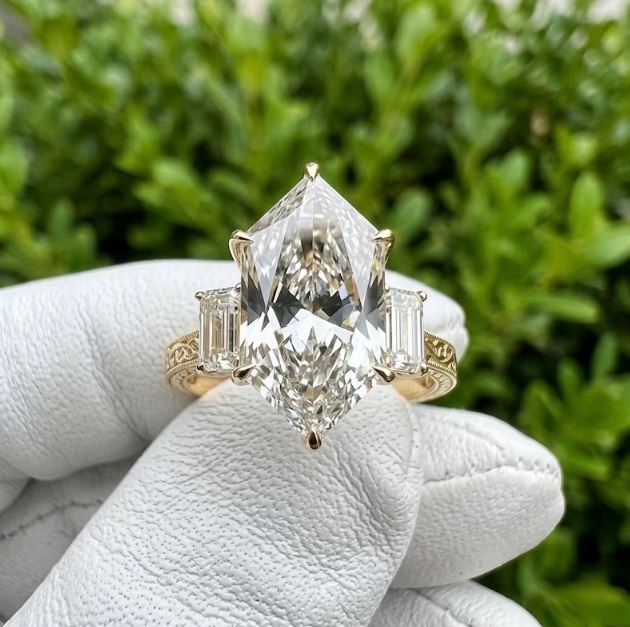4 CT Dutch Marquise Cut Lab Grown Diamond Ring IGI Certified | Three Stone Engagement Ring with 1.50 CT Lab Grown Emerald Cut Side Diamonds