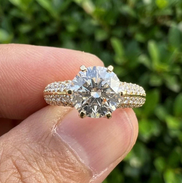 2CT E VVS2/VS1 Round Lab Grown Diamond Engagement Ring | IGI Certified Gold Pave Band | Hidden Halo Diamond Ring | Bridal Ring
