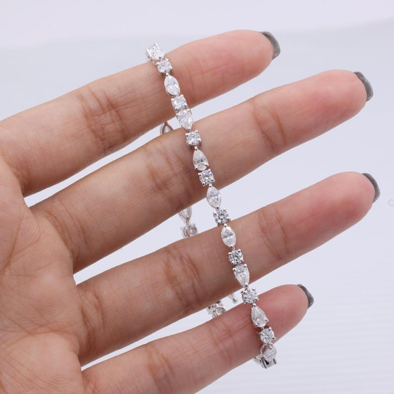 Multi Shape Diamond Moissanite Tennis Bracelet Round East West Marquise & Pear Diamond Bracelet Solid Gold Perfect Anniversary Gift For Her
