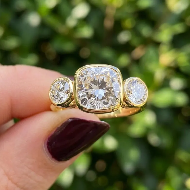 3CTW Carat Cushion Cut E VVS2/VS1 Lab Grown Diamond 3 Stone Ring | IGI Certified 2.00 Center | Bezel Set Engagement Ring | Gold Bridal Ring