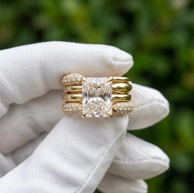 3 CT Radiant Cut E VVS2/VS1 IGI Certified Lab Grown Diamond Ring Set | 4 Piece Matching Wedding Band Set | Gold Bridal Stackable Ring Set