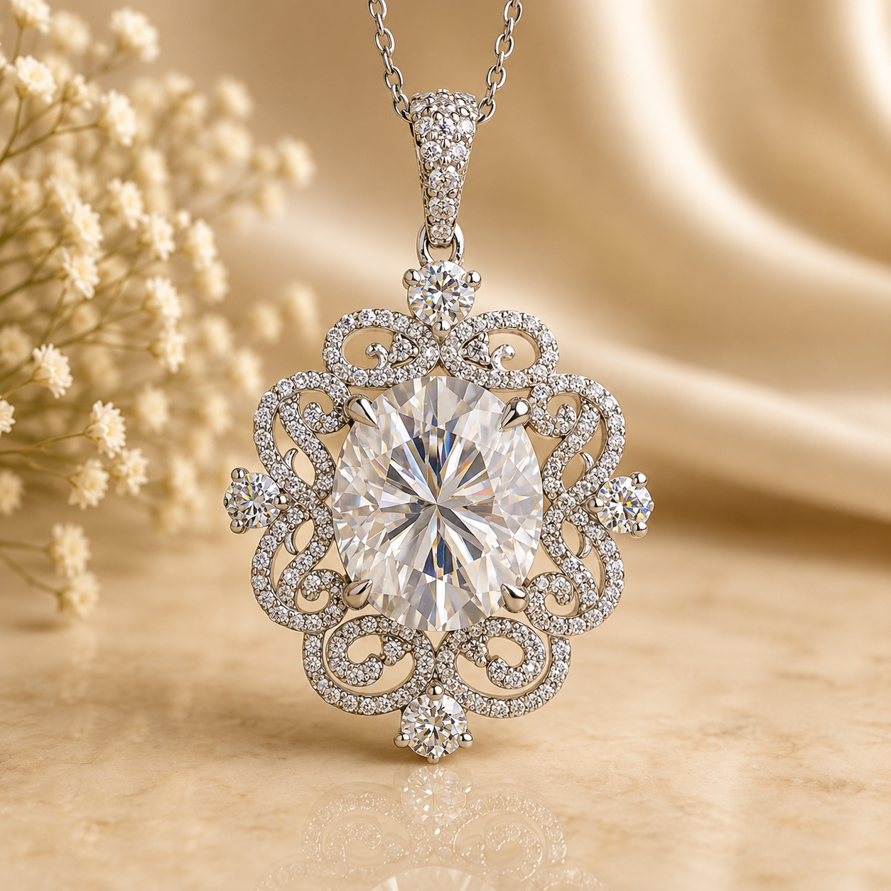 Oval Cut Diamond Halo Pendant Necklace, Vintage Inspired 18K Gold Chain