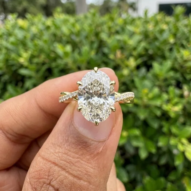 3 Ring Bridal Set with 3 CT Oval E VVS2/VS1 IGI Certified Lab Grown Diamond | Gold Twisted Engagement Ring with Matching Wedding Bands