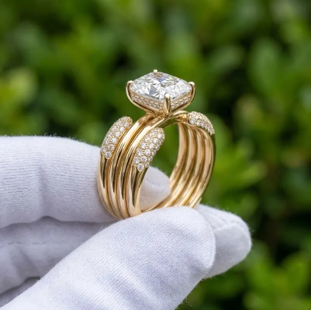3 CT Radiant Cut E VVS2/VS1 IGI Certified Lab Grown Diamond Ring Set | 4 Piece Matching Wedding Band Set | Gold Bridal Stackable Ring Set