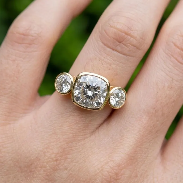 3CTW Carat Cushion Cut E VVS2/VS1 Lab Grown Diamond 3 Stone Ring | IGI Certified 2.00 Center | Bezel Set Engagement Ring | Gold Bridal Ring