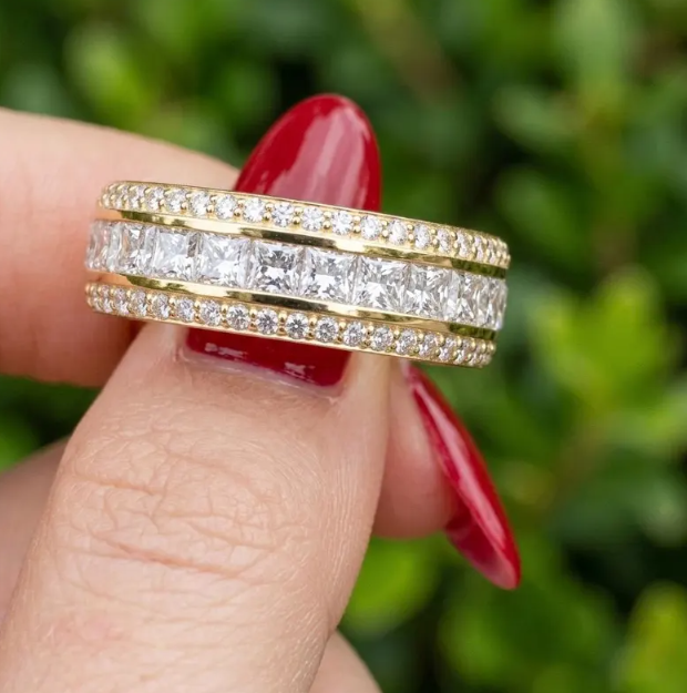 Luxury 7MM width Princess Cut Lab Grown Diamond Eternity Band, 3/4 Triple Row Diamond Wedding Ring, Channel Set Gold Anniversary Band