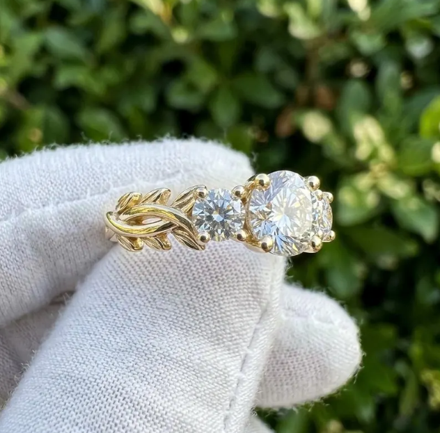 2.30 TCW Round Brilliant Lab Grown Diamond Ring, Three Stone Yellow Gold Engagement Ring, Vintage Ornate Filigree Band, Trilogy Diamond Ring