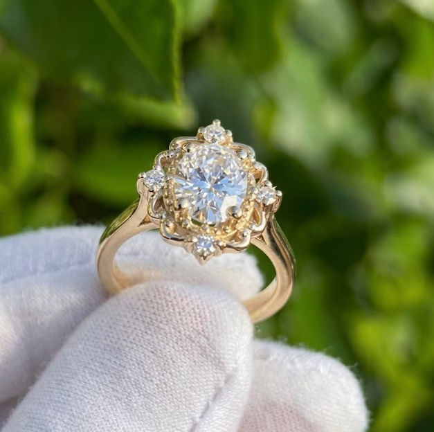 Vintage Inspired 2CT Oval IGI Certified E VVS2/VS1 LabGrown Diamond Halo Ring, Art Deco Unique Engagement Ring for Women