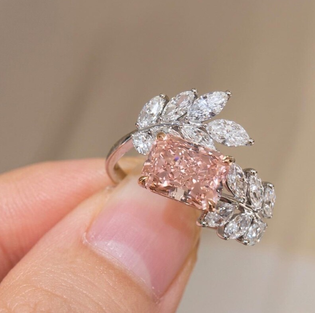 2 CT Radiant Cut Pink Lab Grown Diamond Engagement Ring | IGI Certified | Marquise Leaf Branch Ring | Nature Inspired Toi Et Moi Bypass Ring