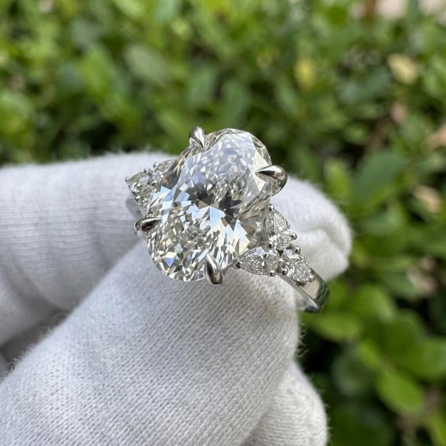 3 CT Oval Cut E VVS2/VS1 Lab Grown Diamond Bridal Set IGI Certified | Pear Side Stone Engagement Ring Set | Unique Two Ring Set