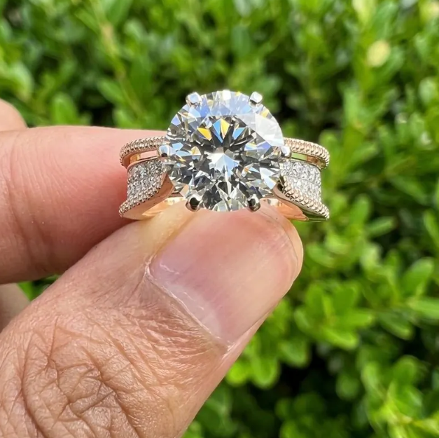 3CT Round E VVS2/VS1 Lab Grown Diamond Engagement Ring, 14K Two Tone Gold Triple Row Split Shank Ring, IGI Certified Diamond Ring