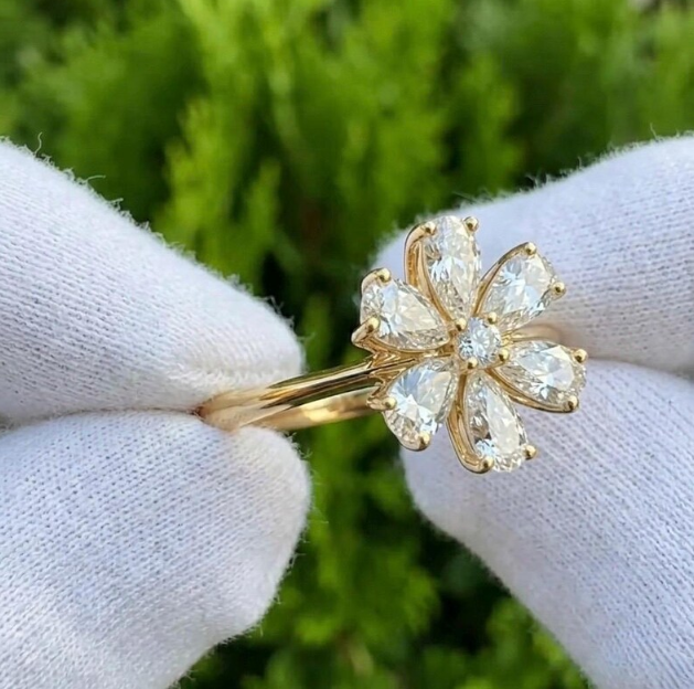 3 TCW Lab Grown Diamond Flower Engagement Ring E VVS2/VS1 - Unique Pear Cut Diamond Petal Ring - Vintage Inspired Cluster Ring