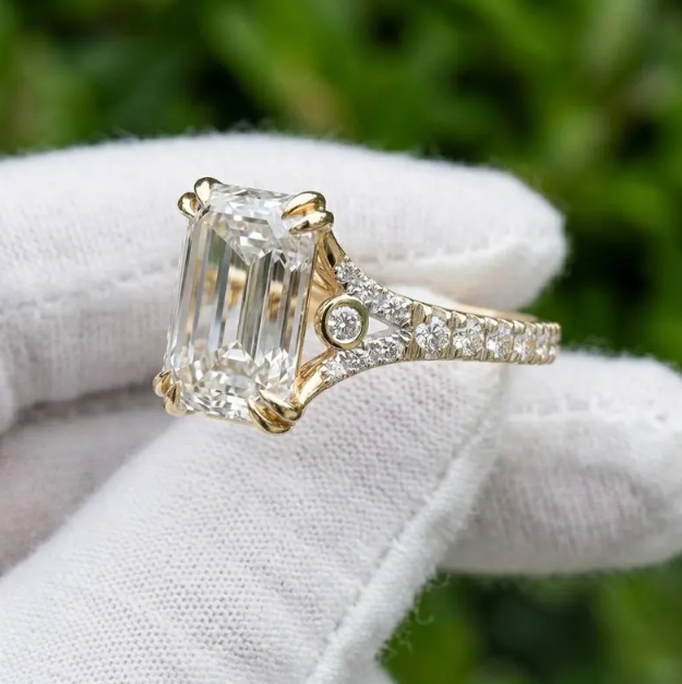 E VVS2/VS1 IGI Certified Emerald Cut LabGrown Diamond Engagement Ring | 1CT to 4CT Emerald Diamond Ring | Vintage Inspired Pave Diamond Ring