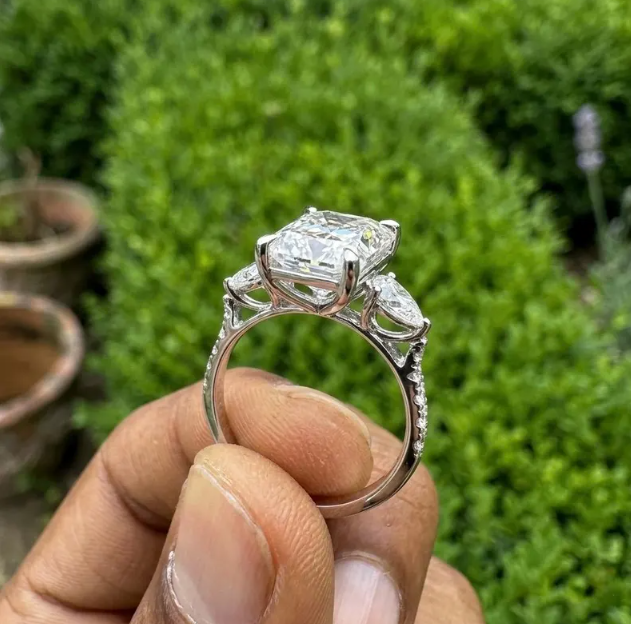 3 CT Radiant Cut E VVS2/VS1 Lab Grown Diamond Engagement Ring, IGI Certified Radiant Diamond Ring, Pear Side Stone Ring, Three Stone Ring