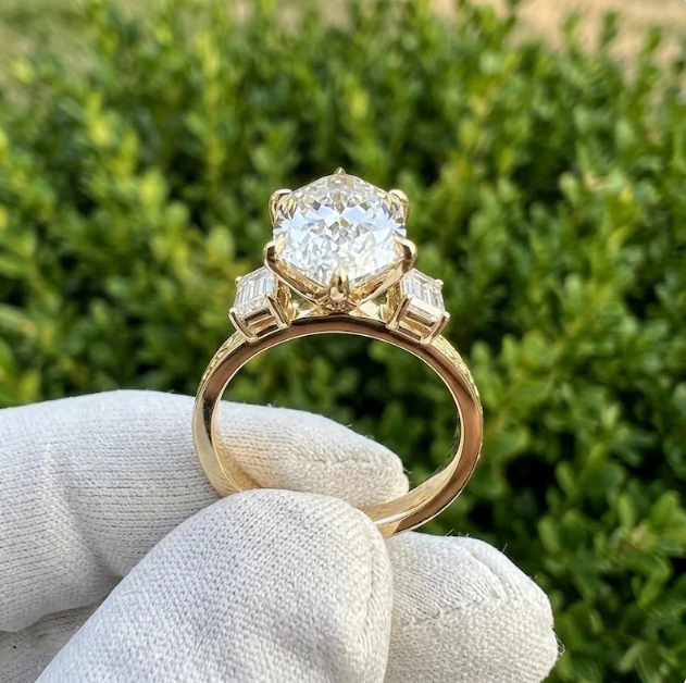 4 CT Dutch Marquise Cut Lab Grown Diamond Ring IGI Certified | Three Stone Engagement Ring with 1.50 CT Lab Grown Emerald Cut Side Diamonds