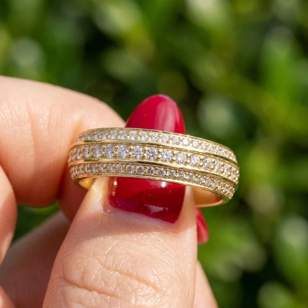 6mm Wide Gold Pave Band, Triple Row Micro Pave Ring, Chunky Labgrown Diamond Wedding Band, Heavy Gold Statement Ring, Gold Multi Row Ring