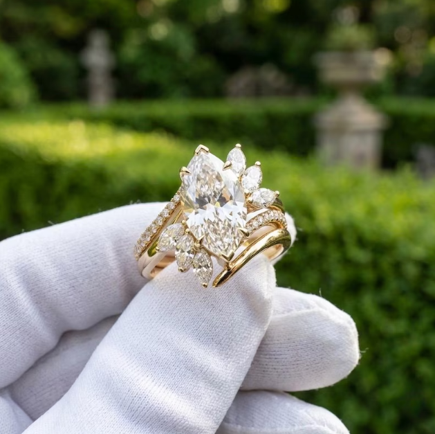 3CT Marquise Cut E VVS2/VS1 Lab Grown Diamond Engagement Ring Set, Asymmetrical Cluster Wedding Band, Gold Unique Bridal Set, IGI Certified
