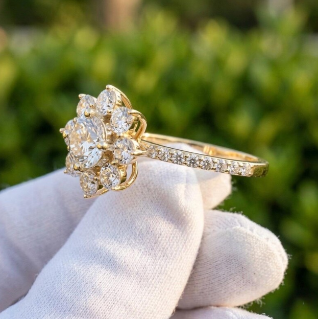 3 CTW Round E VVS2/VS1 Lab Grown Diamond Floral Halo Ring, IGI Certified Diamond Engagement Ring, Flower Cluster Ring, Vintage Bridal Ring