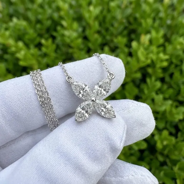 6CTW Lab Grown Diamond E VVS2/VS1 Marquise Flower Pendant Necklace & Stud Earrings Set | 1.5mm Chain | Elegant Floral Diamond Jewelry Set