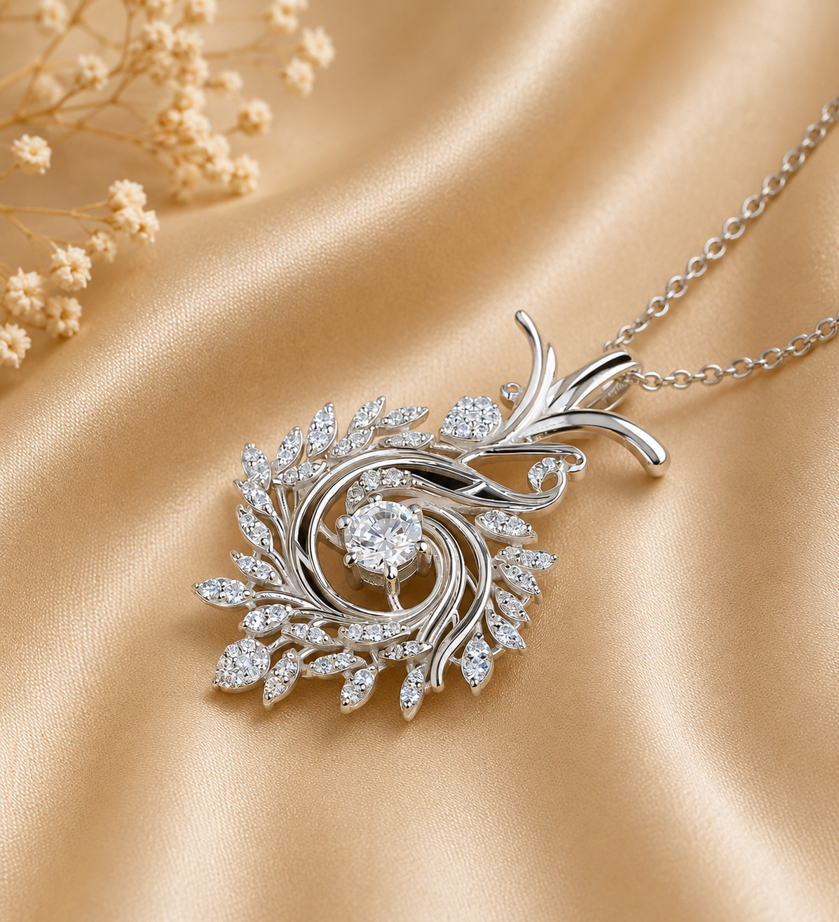Round Diamond Pendant Necklace | 18K Yellow Gold Leaf Design, Nature Inspired Fine Jewelry