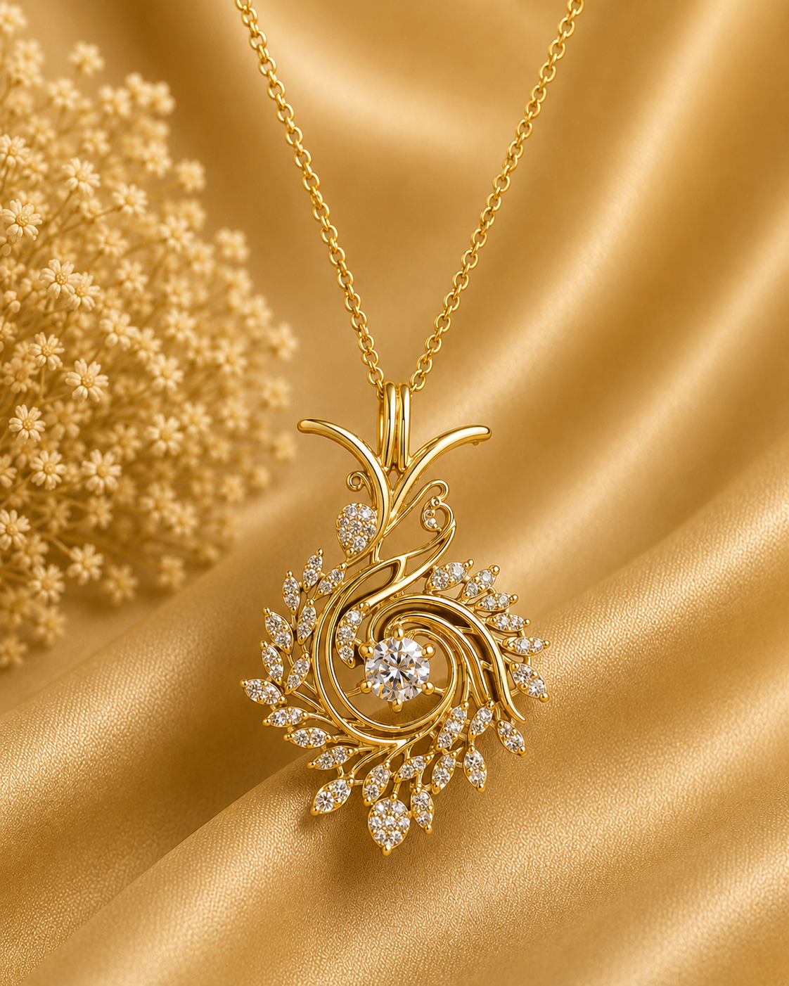 Round Diamond Pendant Necklace | 18K Yellow Gold Leaf Design, Nature Inspired Fine Jewelry
