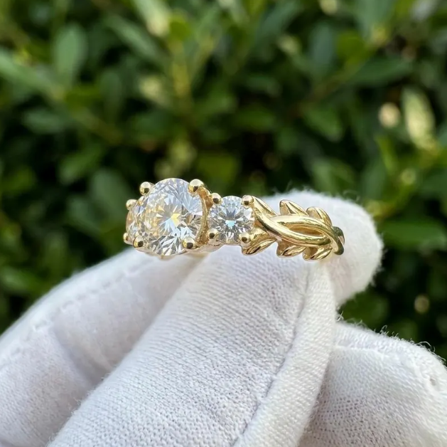 2.30 TCW Round Brilliant Lab Grown Diamond Ring, Three Stone Yellow Gold Engagement Ring, Vintage Ornate Filigree Band, Trilogy Diamond Ring