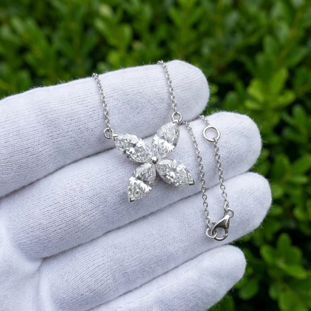 6CTW Lab Grown Diamond E VVS2/VS1 Marquise Flower Pendant Necklace & Stud Earrings Set | 1.5mm Chain | Elegant Floral Diamond Jewelry Set