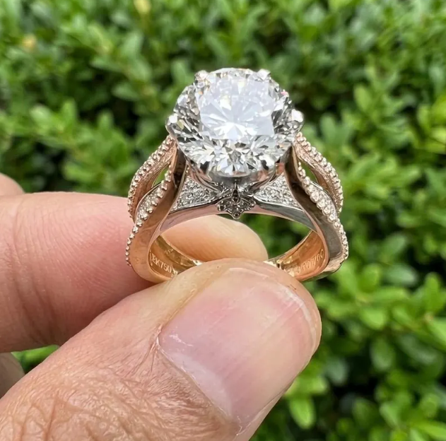 3CT Round E VVS2/VS1 Lab Grown Diamond Engagement Ring, 14K Two Tone Gold Triple Row Split Shank Ring, IGI Certified Diamond Ring