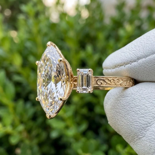 4 CT Dutch Marquise Cut Lab Grown Diamond Ring IGI Certified | Three Stone Engagement Ring with 1.50 CT Lab Grown Emerald Cut Side Diamonds