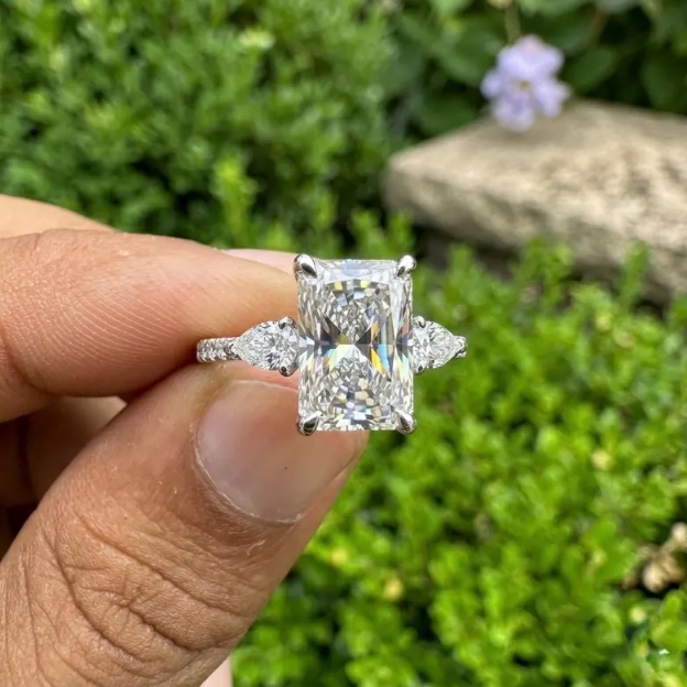 3 CT Radiant Cut E VVS2/VS1 Lab Grown Diamond Engagement Ring, IGI Certified Radiant Diamond Ring, Pear Side Stone Ring, Three Stone Ring