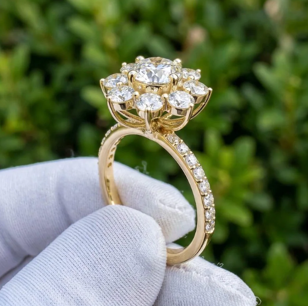 3 CTW Round E VVS2/VS1 Lab Grown Diamond Floral Halo Ring, IGI Certified Diamond Engagement Ring, Flower Cluster Ring, Vintage Bridal Ring