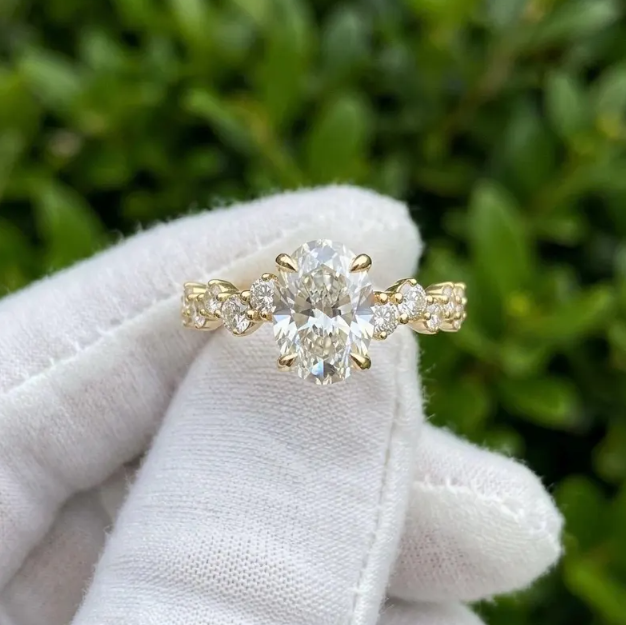 3 CT E VVS2 IGI Certified Oval Lab-Grown Diamond Engagement Ring with Hidden Halo & Scalloped Bubble Band in Yellow Gold