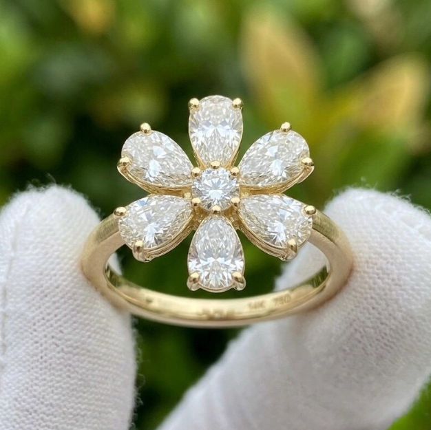 3 TCW Lab Grown Diamond Flower Engagement Ring E VVS2/VS1 - Unique Pear Cut Diamond Petal Ring - Vintage Inspired Cluster Ring