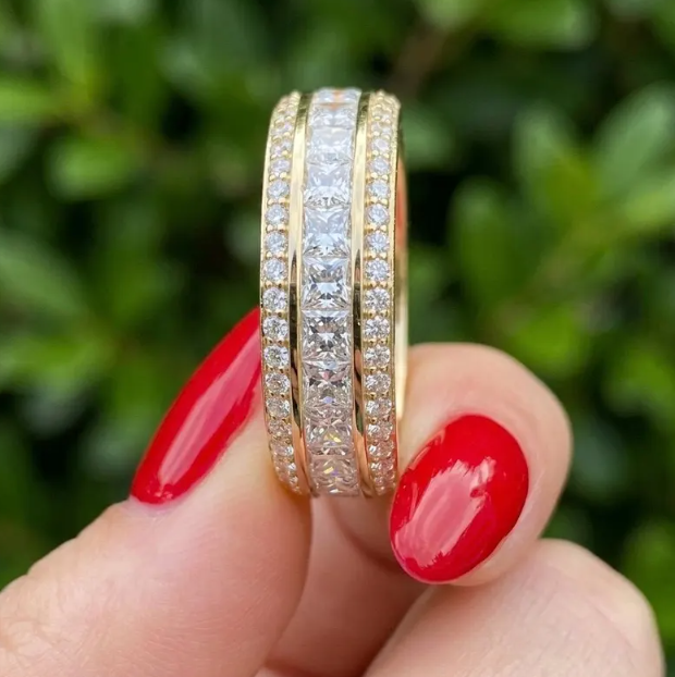Luxury 7MM width Princess Cut Lab Grown Diamond Eternity Band, 3/4 Triple Row Diamond Wedding Ring, Channel Set Gold Anniversary Band
