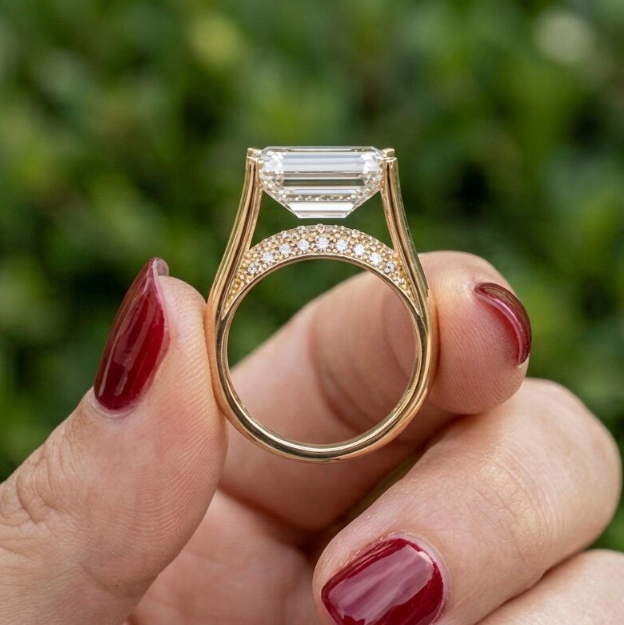 Emerald Cut E VVS2/VS1 Lab Grown Diamond Engagement Ring, 2ct - 4ct IGI Certified Lab Diamond, Floating Solitaire Pave Band